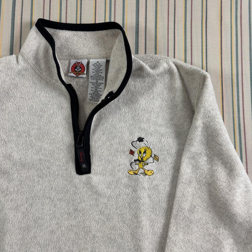 Looney Tunes Sweatshirt Mens Medium Gray Tweety Fleece 1/4 Zip Colorblock EUC